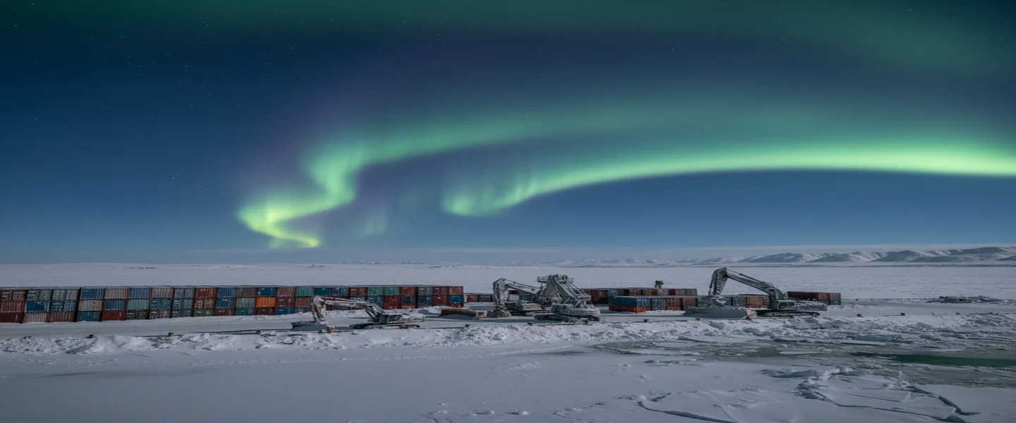Arctic industrial harbor in Iqaluit with shipping containers and northern lights